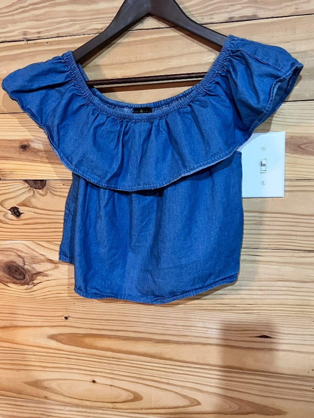 Miss California Small Denim Cold Shoulder‎ Ruffle Boho Women's Crop Top Blouse